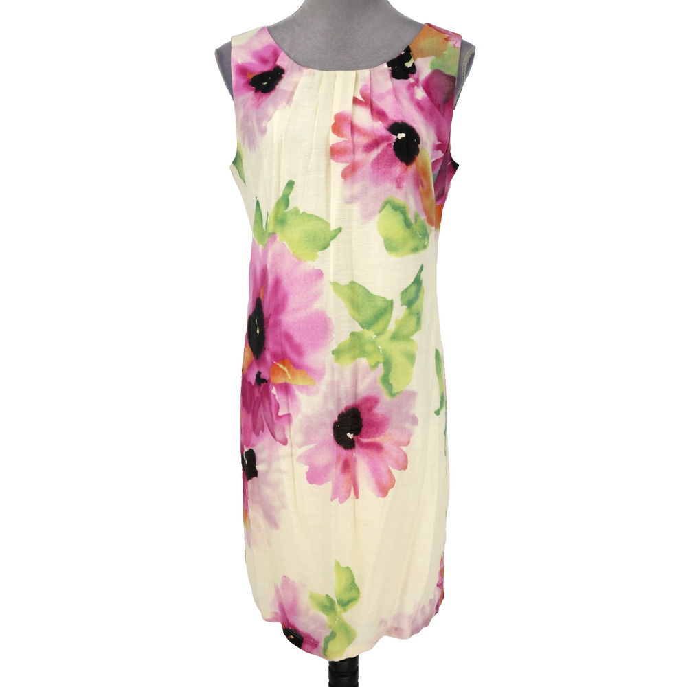 Loft Dress Petites 10P Ivory Pink Floral Linen Blend Shift Pleated Neckline